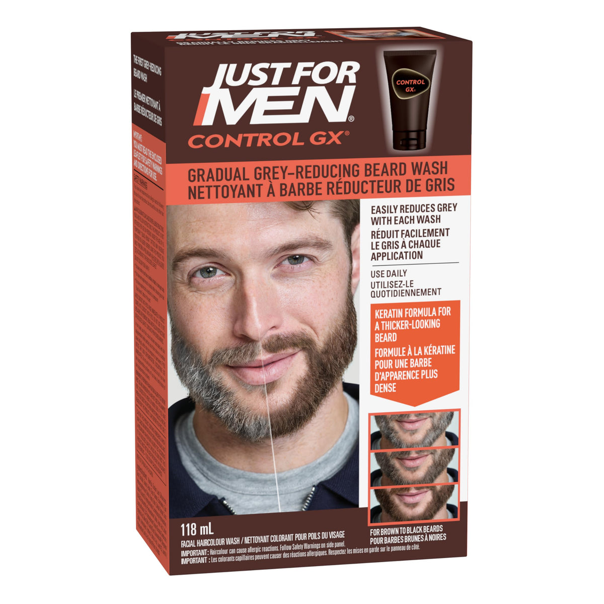 Just For Men Control GX Grey Reducing Beard Wash Shampoo, Gradually Colors Mustache and Beard, Leaves Facial Hair Softer and Fuller, 118ml - Pack of 1, Packaging May Vary
