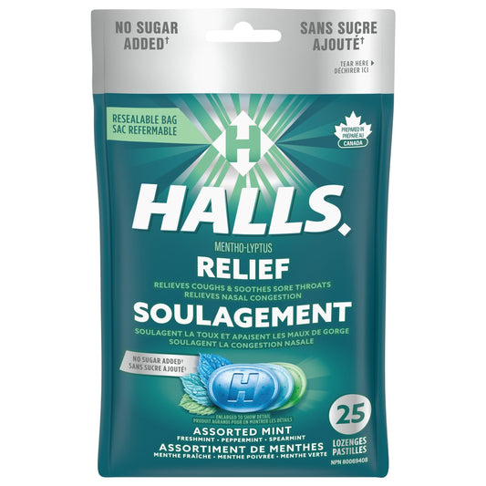 HALLS No Sugar Added Assorted Mint Cough Drops, Throat Lozenges, Sore Throat Relief, Mentho-Lyptus, 25 Lozenges, Prepared in Canada