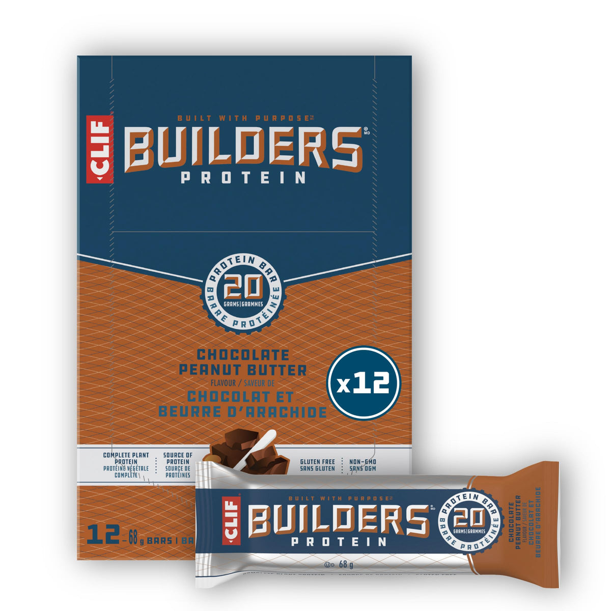 CLIF BUILDERS Protein Bars, Chocolate Peanut Butter Flavour, 20g of Protein, Prepared in Canada, Gluten Free, No Artificial Sweeteners, 68 g (Pack of 12)