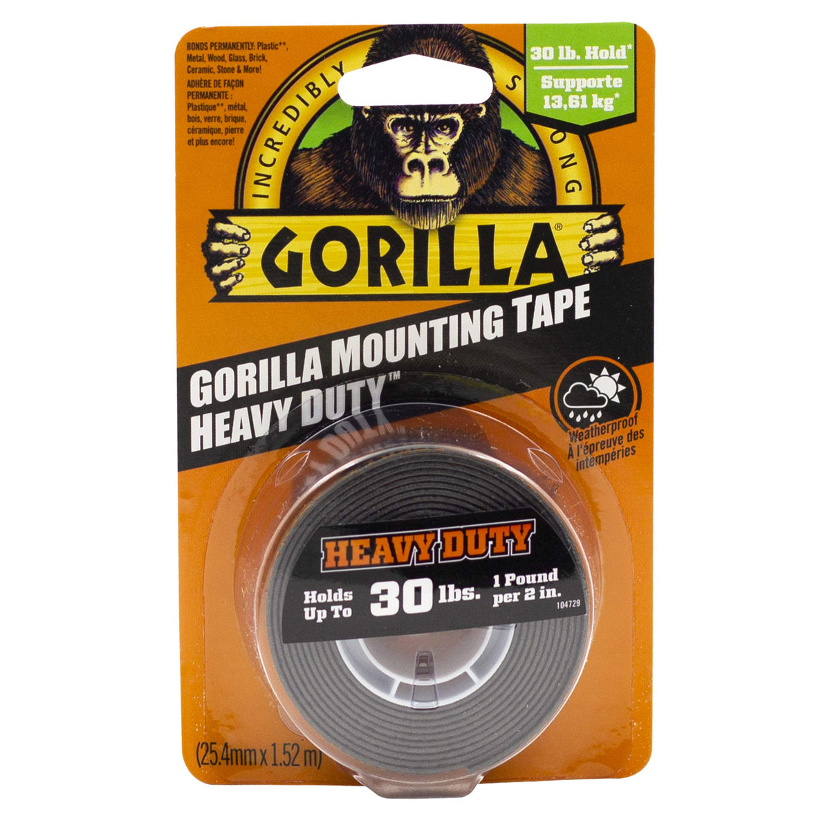 Gorilla Heavy Duty Double Sided Mounting Tape, Hanging, Instant 30lb Strong Hold, Permanent Bond, Weatherproof, 1 in x 60 in, Black, (Pack of 1)