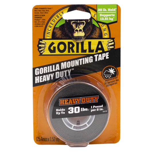 Gorilla Heavy Duty Double Sided Mounting Tape, Hanging, Instant 30lb Strong Hold, Permanent Bond, Weatherproof, 1 in x 60 in, Black, (Pack of 1)