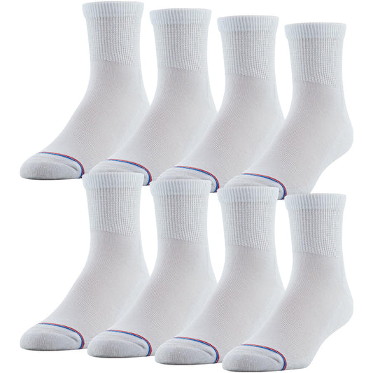 MediPEDS Men's 8 Pack Diabetic Quarter Socks with Non-Binding Top, White, Shoe Size: 6-9