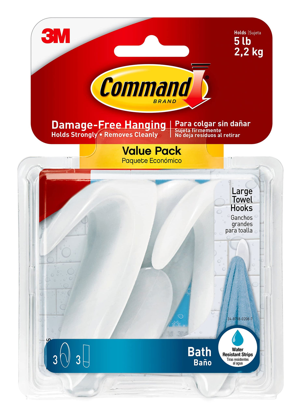 Command Bath Large Towel Hook Value Pack Clear Frosted 3-Large Hooks 3-Water-Resistant Strips Organize Damage-Free
