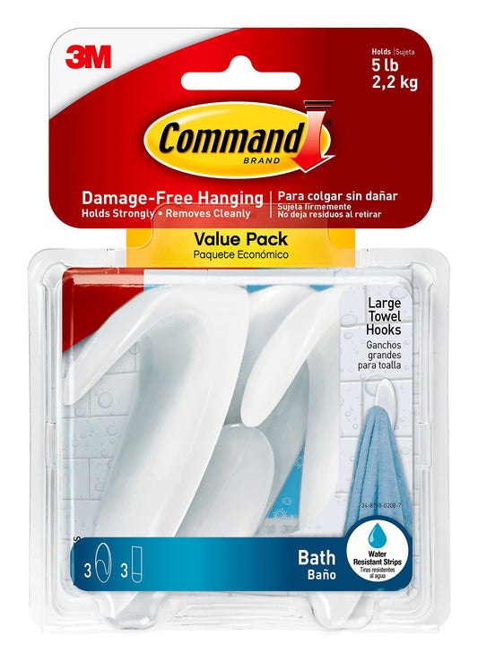 Command Bath Large Towel Hook Value Pack Clear Frosted 3-Large Hooks 3-Water-Resistant Strips Organize Damage-Free