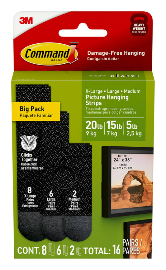 Command 20, 15, & 5 lb X-Large, Large, and Medium 16 Pairs Picture Hanging Strips (32 Strips), Damage-Free Picture Hangers, No Tools Required, Great for Home Room Wall Decor, Black Adhesive