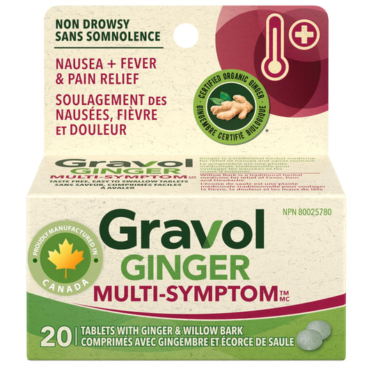 Gravol Ginger Multi-Symptom Tablet, Made in Canada, Fever & Pain Relief