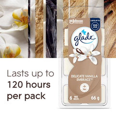 Glade Wax Melts Air Freshener and Odor Eliminator, Scented Essential Oils for Home and Bathroom, Delicate Vanilla Embrace, 6 Count
