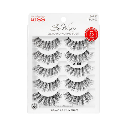 KISS So Wispy False Eyelashes Multipack #01, Full Bouncy Volume & Curl, Signature Wispy Effect, Quality Synthetic, Crisscross Pattern, Cruelty Free, Reusable and contact lens friendly, 5 Pairs