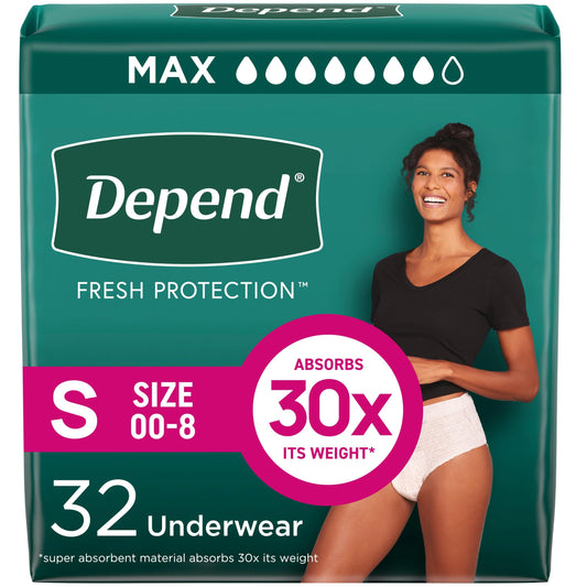 Depend FIT-FLEX Adult Incontinence Underwear for Women, Maximum Absorbency, S, Blush, 32 Count