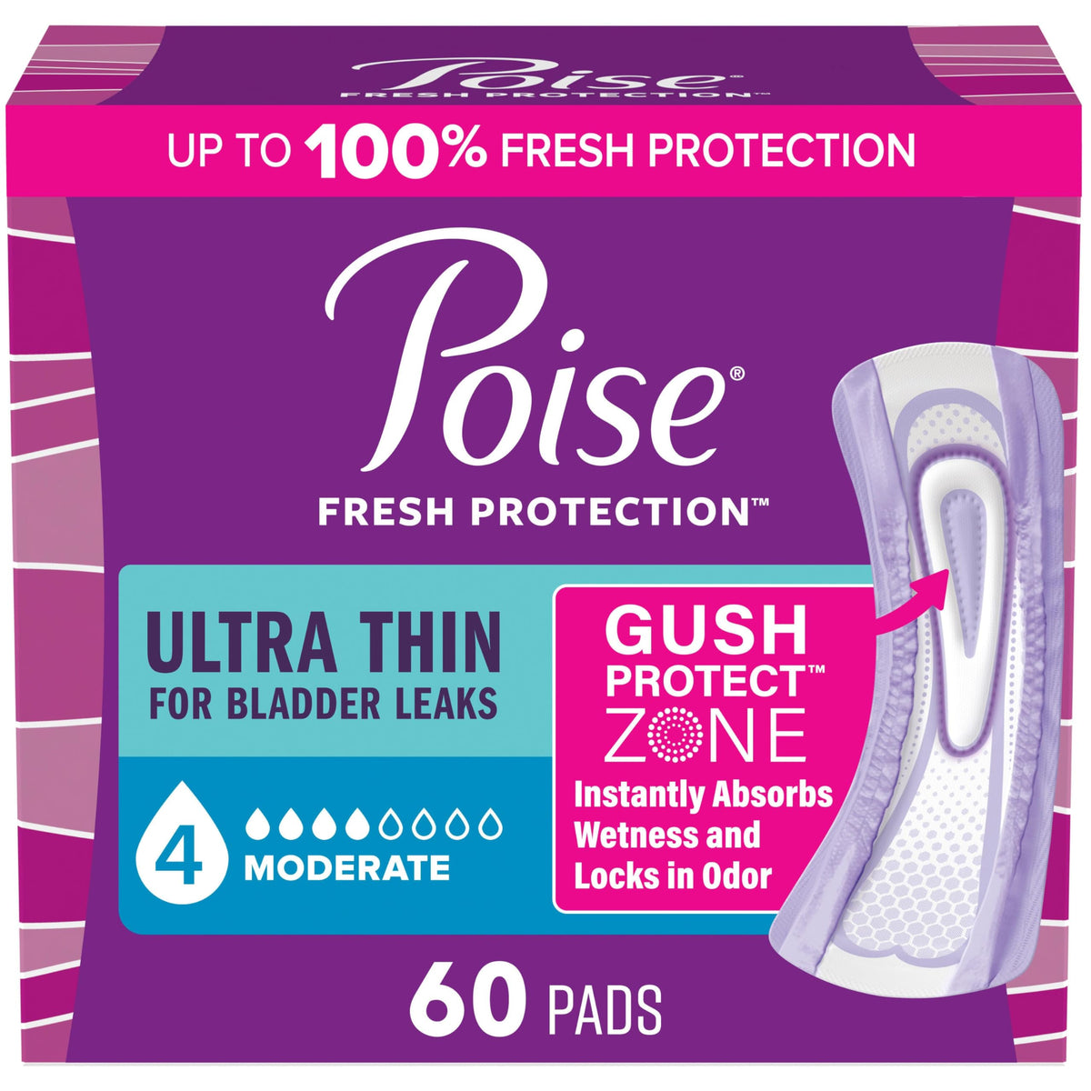 Poise Ultra Thin Incontinence Pads & Postpartum Incontinence Pads, 4 Drop Moderate Absorbency, Regular Length, 60 Count