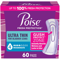 Poise Ultra Thin Incontinence Pads & Postpartum Incontinence Pads, 4 Drop Moderate Absorbency, Regular Length, 60 Count