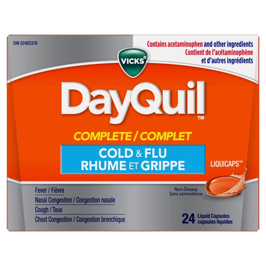Vicks DayQuil COMPLETE Cold and Flu LiquiCaps Medicine, Non-Drowsy Daytime Multi-Symptom Relief for Cough , Congestion, Fever, Sore Throat Pain, 24 Count