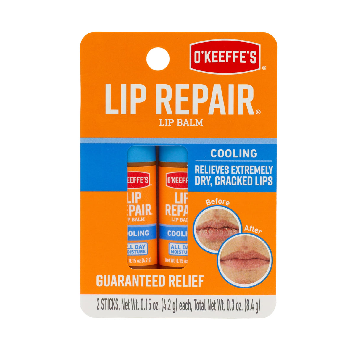 O'Keeffe's Lip Repair Chapstick Stick, Cooling Lip Balm for Dry Cracked Lips, Guaranteed Relief & All-Day Moisture in 1 Use, Lip Chap, 7 Moisturizing Ingredients, 2 Pack