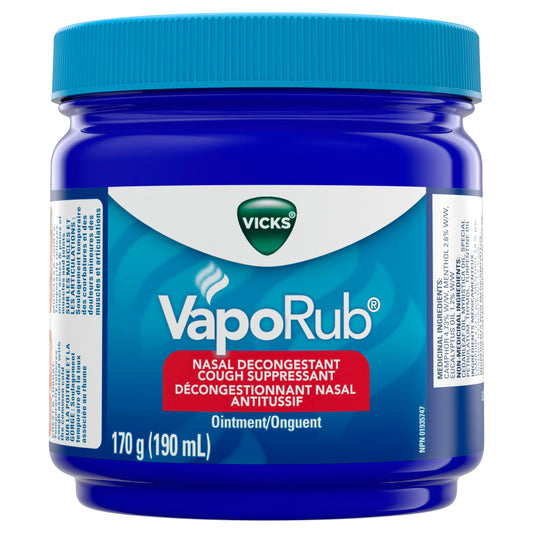 Vicks VapoRub Nasal Decongestant, Cough Suppressant, Relief from Cold, Aches, & Pains, Chest Rub Ointment, Original scent, 170 g/190 mL