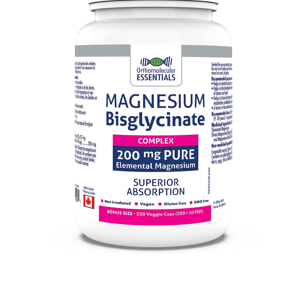 Orthomolecular Essentials - Magnesium Bisglycinate Complex 200mg, 250 Veggie Caps - Elemental Magnesium for Sleep - Bone Health and Muscle Cramp Relief - Calm Magnesium Complex Supplement