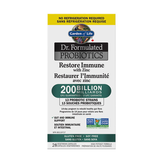 Garden of Life - Dr. Formulated Probiotics Restore Immune with Zinc | 200 Billion CFU to Rebuild Healthy Gut Flora | Added Vitamin D and Zinc | 13 Probiotic Strains | Shelf Stable | Gluten & Soy Free