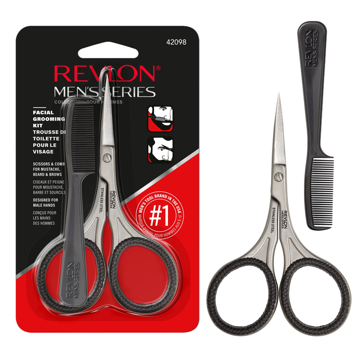 Revlon Men's Beard Grooming Kit, Mustache Trimming Scissors and Facial Hair Comb, Travel Essentials, Stainless Steel Blade, 1 Pack