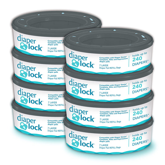 Diaper Lock Refills for Diaper Genie Pails | 240 Count (8-Pack) | Compatible with All Diaper Genie Complete, Expressions, Essentials, Elite and Quick Caddy Pails