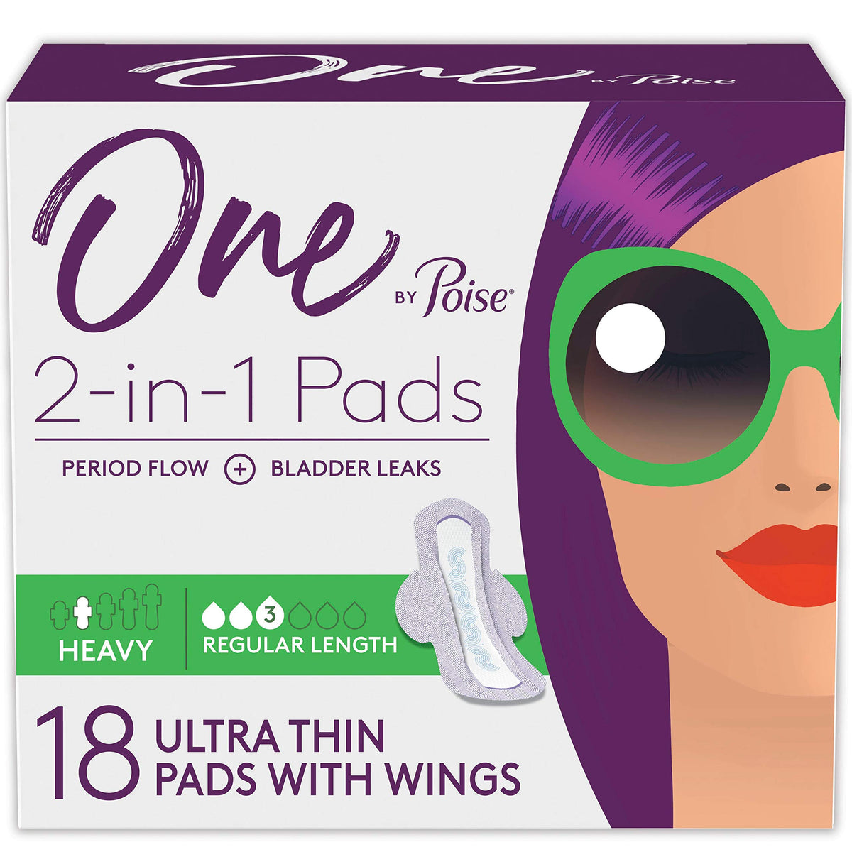 One by Poise Feminine Pads with Wings (2-in-1 Period & Bladder Leakage Pad for Women) Heavy Absorbency 18 Count