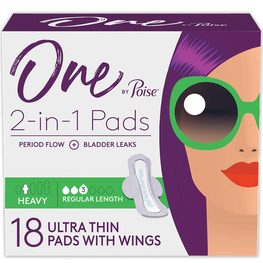 One by Poise Feminine Pads with Wings (2-in-1 Period & Bladder Leakage Pad for Women) Heavy Absorbency 18 Count