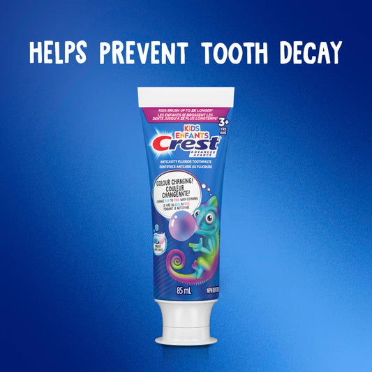 Crest Kid's Advanced Colour Changing Toothpaste, Bubblegum Flavour, Anticavity Fluoride Toothpaste for Children, 85 mL