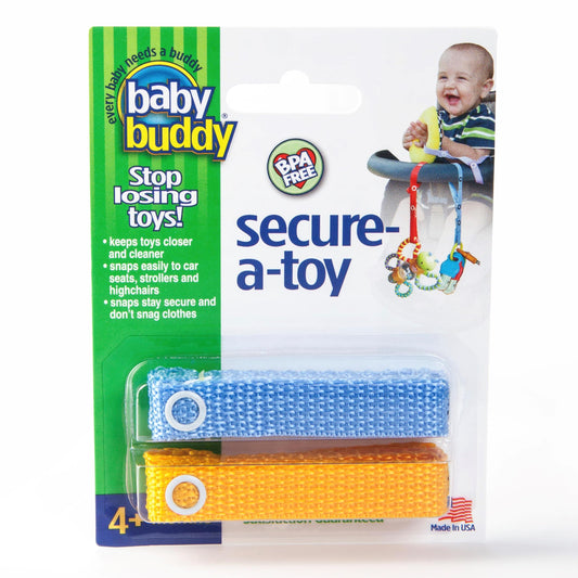 Baby Buddy Secure-a-Toy, Adjustable Pacifier and Teether Strap for Stroller, Highchair, and Car Seat, Blue Gold, 2 Pack