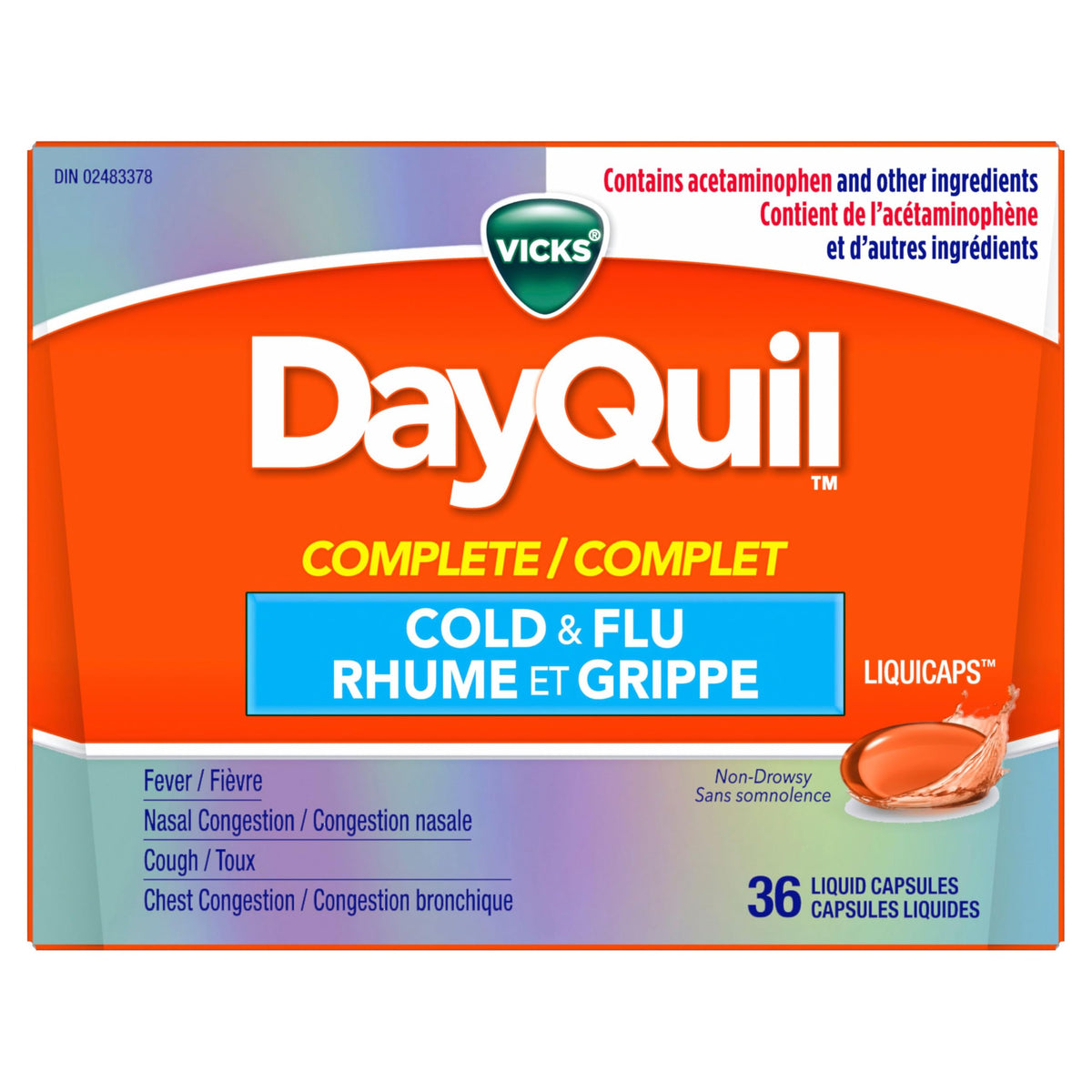 Vicks DayQuil COMPLETE Cold and Flu Symptom and Congestion Relief LiquiCap, Non-Drowsy Daytime Relief for 9-Symptoms, 36ct