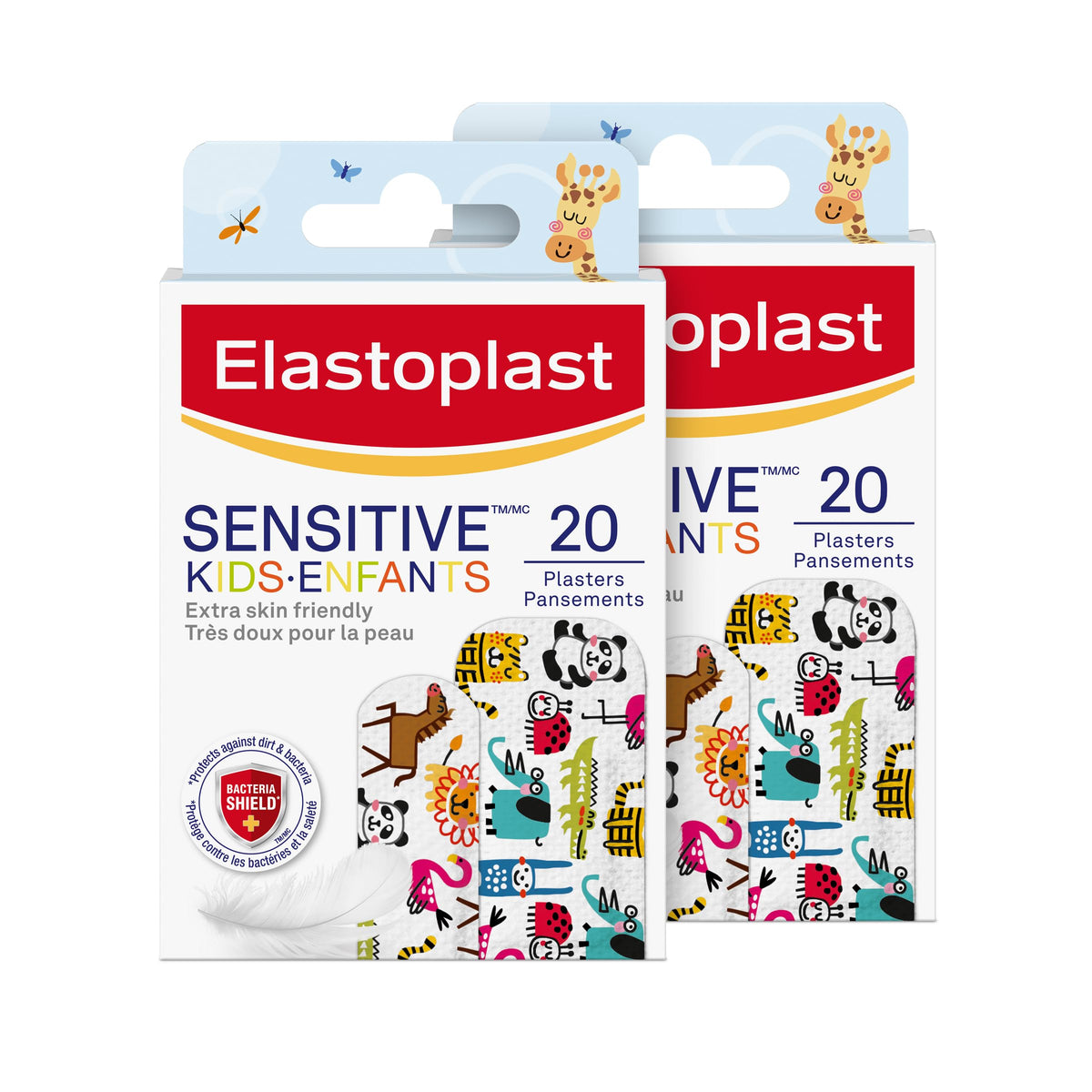 ELASTOPLAST Sensitive Kids Bandages for Wound Care and First Aid Kit (Pack of 2), Extra Skin-Friendly Hypoallergenic Bandages, Bacteria Shield, Painless Removal, Latex Free, First Aid Supplies, 2 Sizes, 2 x 20 Strips
