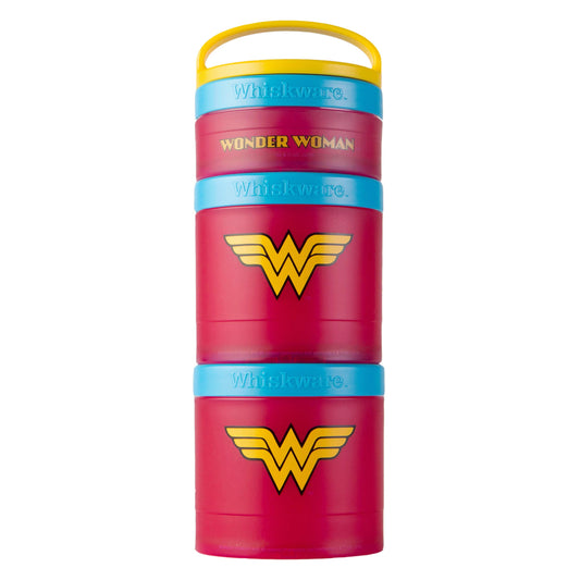 Whiskware Justice League Stackable Snack Containers for Kids and Toddlers, 3 Stackable Snack Cups for School or Travel, Wonder Woman Icon