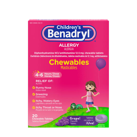 Benadryl Children's Allergy Medicine Chewables with Diphenhydramine HCl, Chewable Kids' Antihistamine Tablets for Relief of Allergy Symptoms Like Sneezing & Itchy Eyes, Grape Flavor, 20 ct
