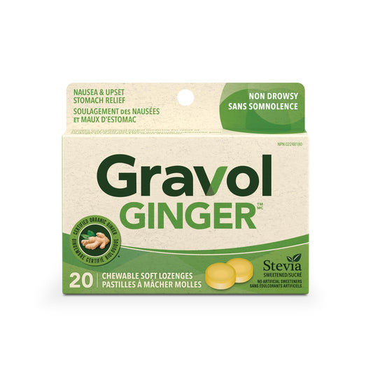 Gravol Ginger - Nausea and upset stomach relief with Organic ginger extract - Chewable, Great taste and Non-drowsy - 20 Lozenges (Pack of 1)
