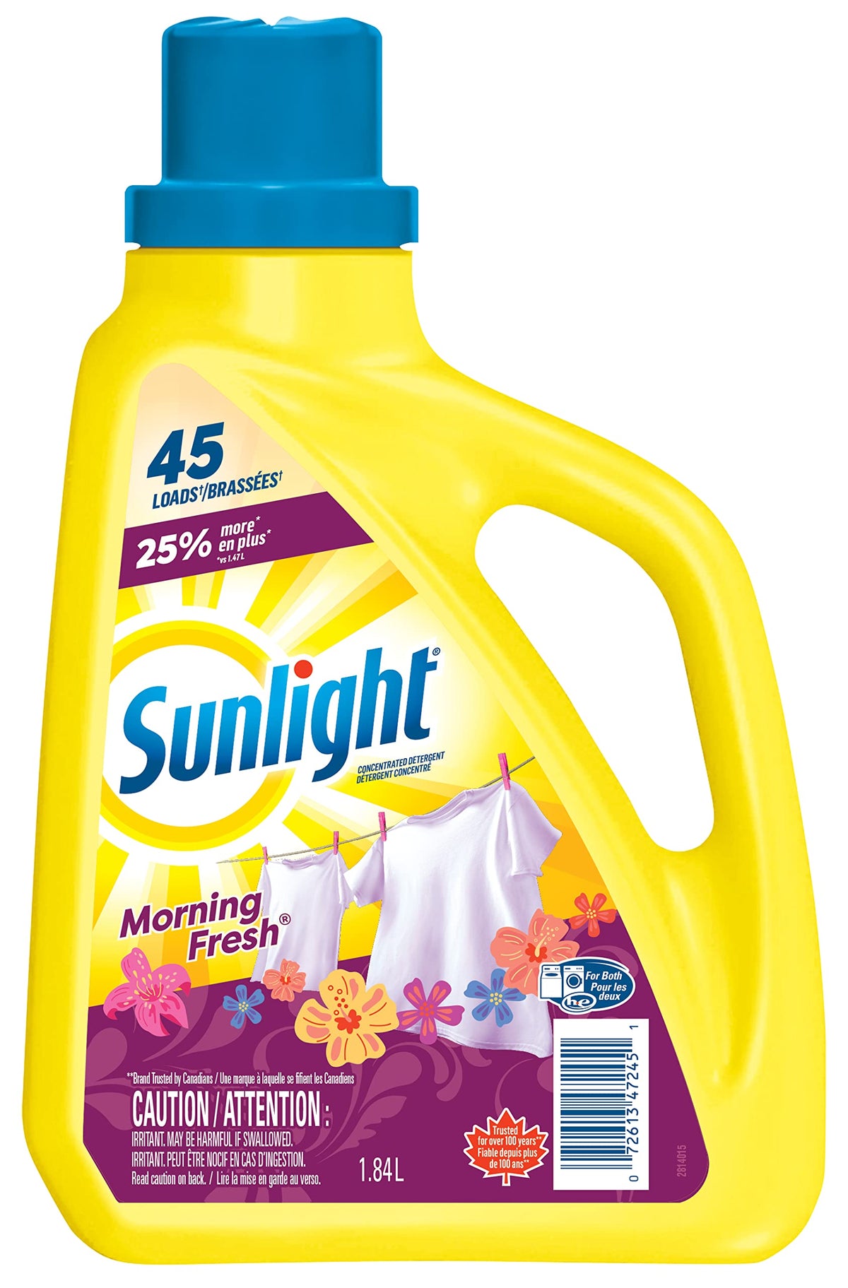 Sunlight Detergent Morning Fresh (45 loads, 1.84L) with Concentrated Formula, Laundry Detergent Liquid for Exceptional Cleaning and Stain Remover to Brighten Laundry, Yellow