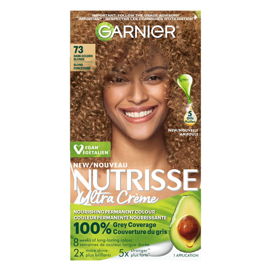 Garnier Nutrisse Ultra Crème, Permanent Hair Dye, 100% Grey Coverage, Vegan Formula, Nourished Hair, Long-Lasting Rich Colour, 73 Dark Golden Blonde, 1 Application, Packaging May Vary