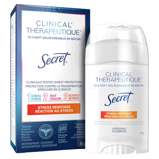 Secret Clinical Antiperspirant Deodorant for Women, 72HR Sweat & Odor Protection, Hyaluronic Acid, Soft Solid, Stress Response, 45g