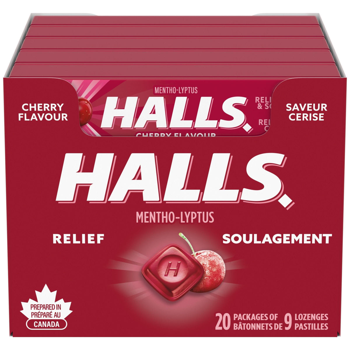 HALLS Cherry Flavour Cough Drops, 20 Packs of 9 lozenges, Throat Lozenges, Sore Throat Relief, Relieves Cough, Mentho-Lyptus, Prepared in Canada