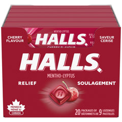 HALLS Cherry Flavour Cough Drops, 20 Packs of 9 lozenges, Throat Lozenges, Sore Throat Relief, Relieves Cough, Mentho-Lyptus, Prepared in Canada