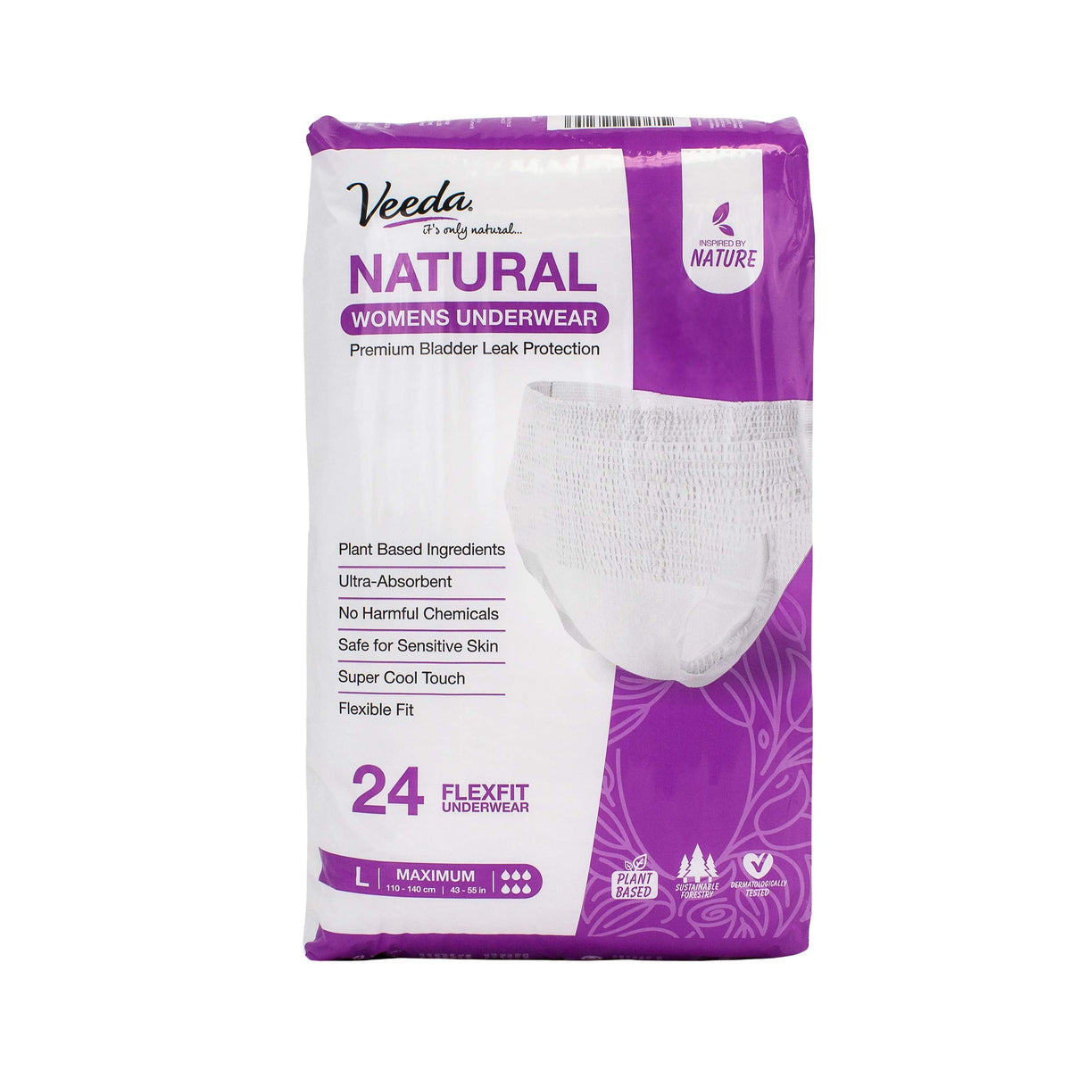 Veeda Natural Adult Incontinence Underwear for Women - Postpartum Underwear for Bladder Leakage Protection - Disposable Underwear with Maximum Absorbency - Large Size - 24 Count
