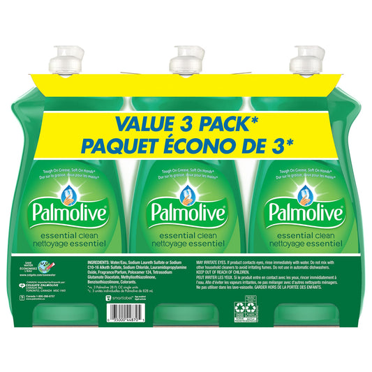 Palmolive Essential Clean Dish Soap, Original Scent 828ml (Triple Pack) - Biodegradable, Phosphate & Residue-Free Liquid Dish Soap - Removes Grease & Grimes from Dishes