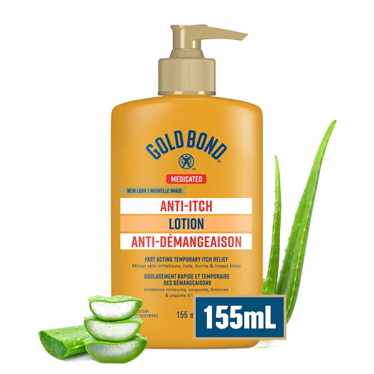 Gold Bond Medicated Anti Itch Lotion, 155ml Bottle, Hand and Body Lotion With Aloe, Vitamin E and B5 that Moisturizes, Provides Itch Relief Associated With Minor Burns, Cuts and Scrapes