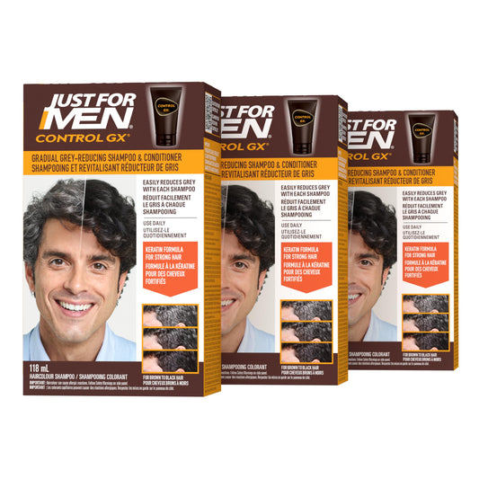 Just For Men Control GX Grey Reducing 2-in-1 Shampoo and Conditioner, Gradual Hair Color for Men, Stronger and Healthier Hair, 118ml - Pack of 3
