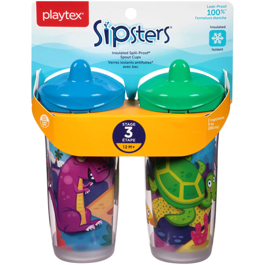 Playtex Sipsters Stage 3 Spout Sippy Cup - Spill-Proof, Leak-Proof, Break-Proof Insulated Toddler Spout Sippy Cups (12+ Months), 9oz - 2 Count (Color and Design May Vary)