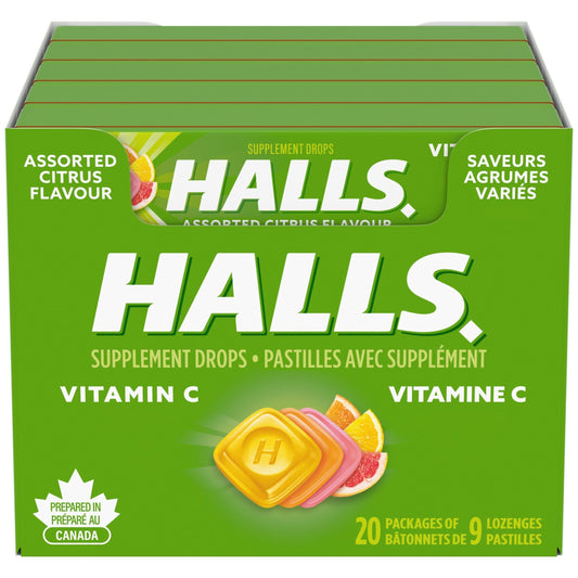 HALLS Vitamin C Assorted Citrus, 20 Packs of 9 lozenges, Supplement Drops, Prepared in Canada