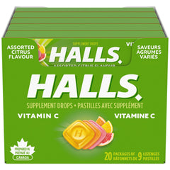HALLS Vitamin C Assorted Citrus, 20 Packs of 9 lozenges, Supplement Drops, Prepared in Canada