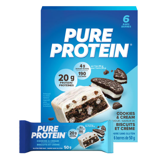 Pure Protein Bars - Nutritious, Gluten Free bar, made with Whey protein blend - low sugar, protein snack. Deliciously satisfying. Made in Canada, Cookies and Cream (Pack of 6)