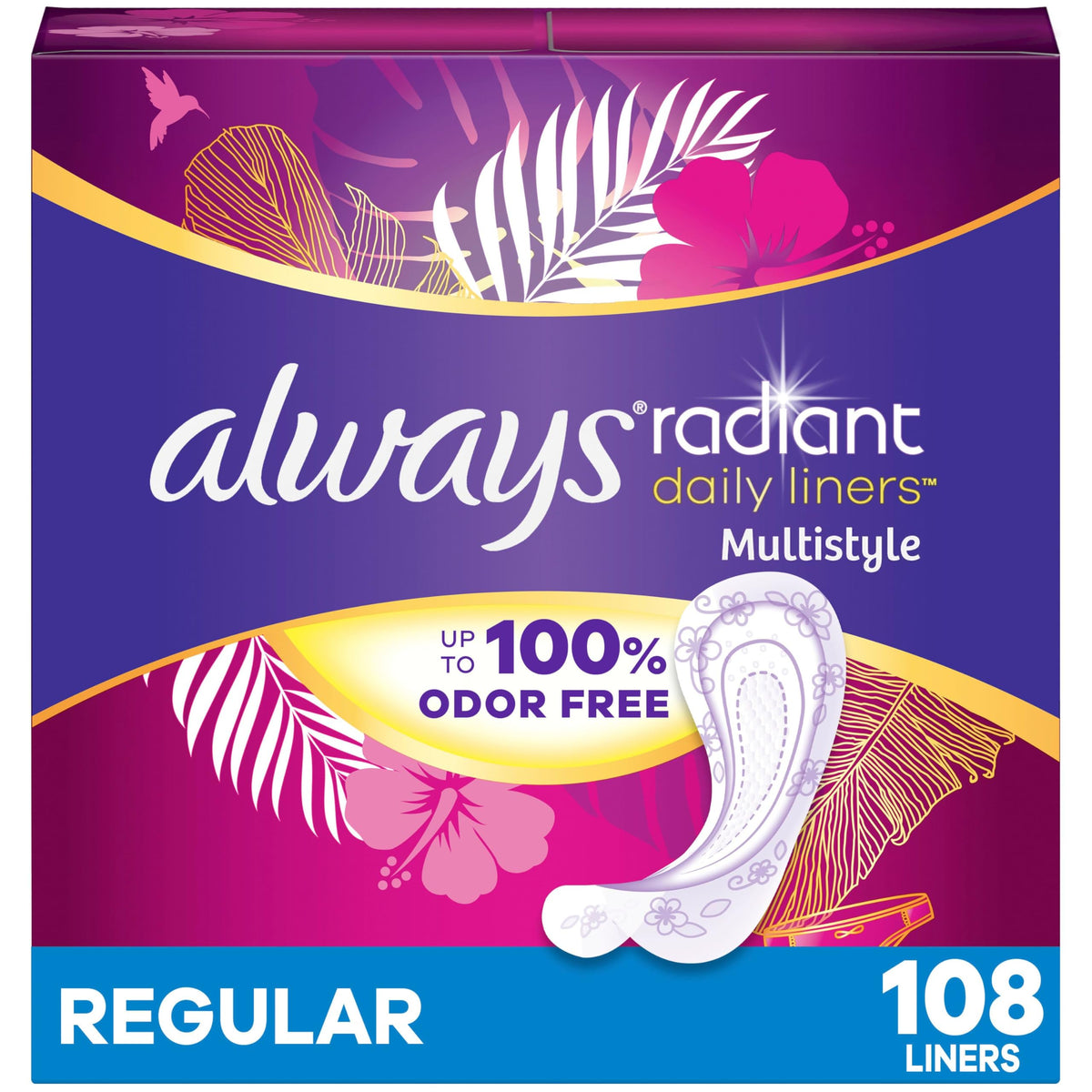 Radiant Daily Multistyle Liners Regular, Unscented, Up to 100% Odor-free, 108 CT