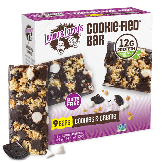 Lenny & Larry's The Complete Cookie-fied Bar, Plant-Based Protein Bar, Vegan and Non-GMO, Cookies & Crème, 45 g, 9 Count