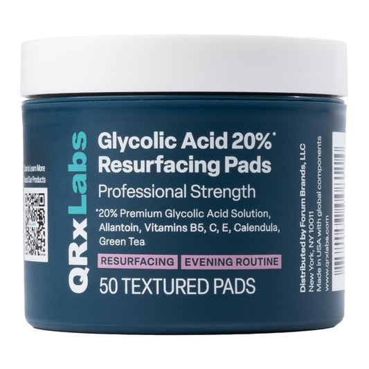 QRxLabs Glycolic Acid Pads - 20% Resurfacing Pads AHA for Face & Body - Exfoliates Skin Surface and Reduces Appearance of Fine Lines and Wrinkles - Acne Treatment Clearing - Daily Pads - 50ct