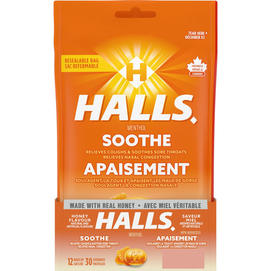HALLS Honey Flavour Cough Drops, Throat Lozenges, Sore Throat Relief, Mentho-Lyptus, 30 Lozenges, Prepared in Canada