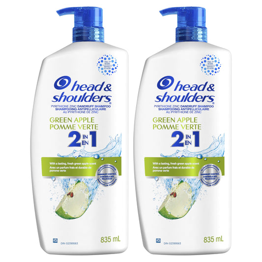 Head & Shoulders Green Apple 2-in-1 Anti-Dandruff Shampoo + Conditioner, Twin Pack, 1.67 L Total (835 mL Each)