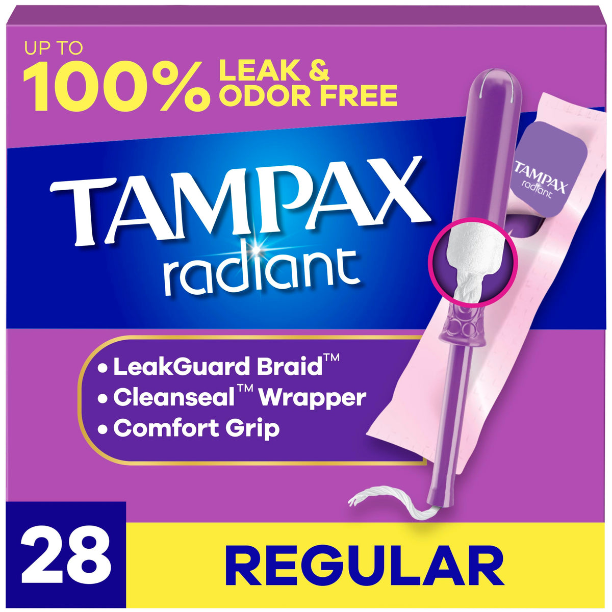 Tampax, Radiant Tampons, Plastic Applicator, Regular Absorbency, 28 Count
